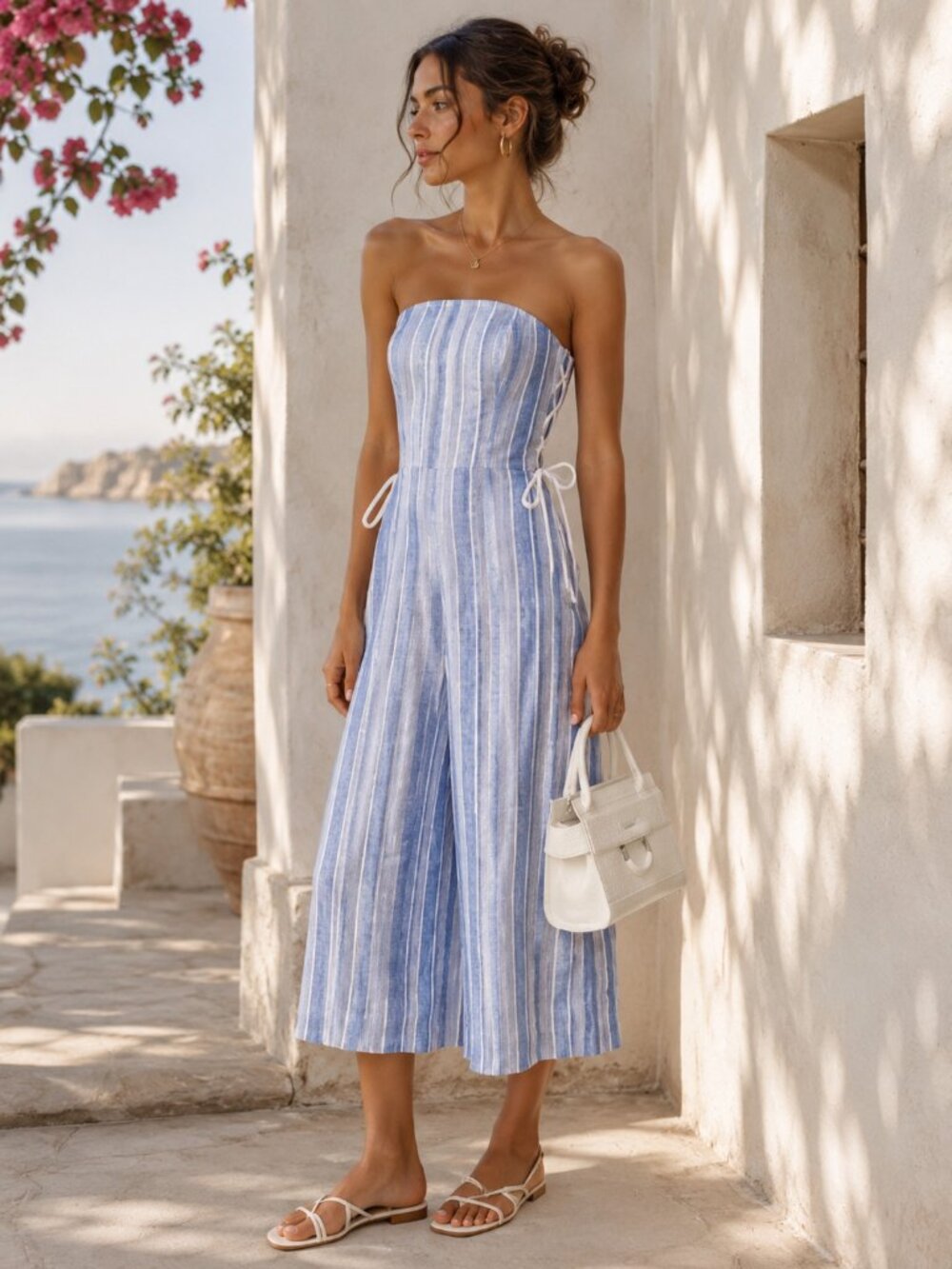 Clue Monaco Size 4 Blue White Linen Striped Wide Leg Jumpsuit Lace Up